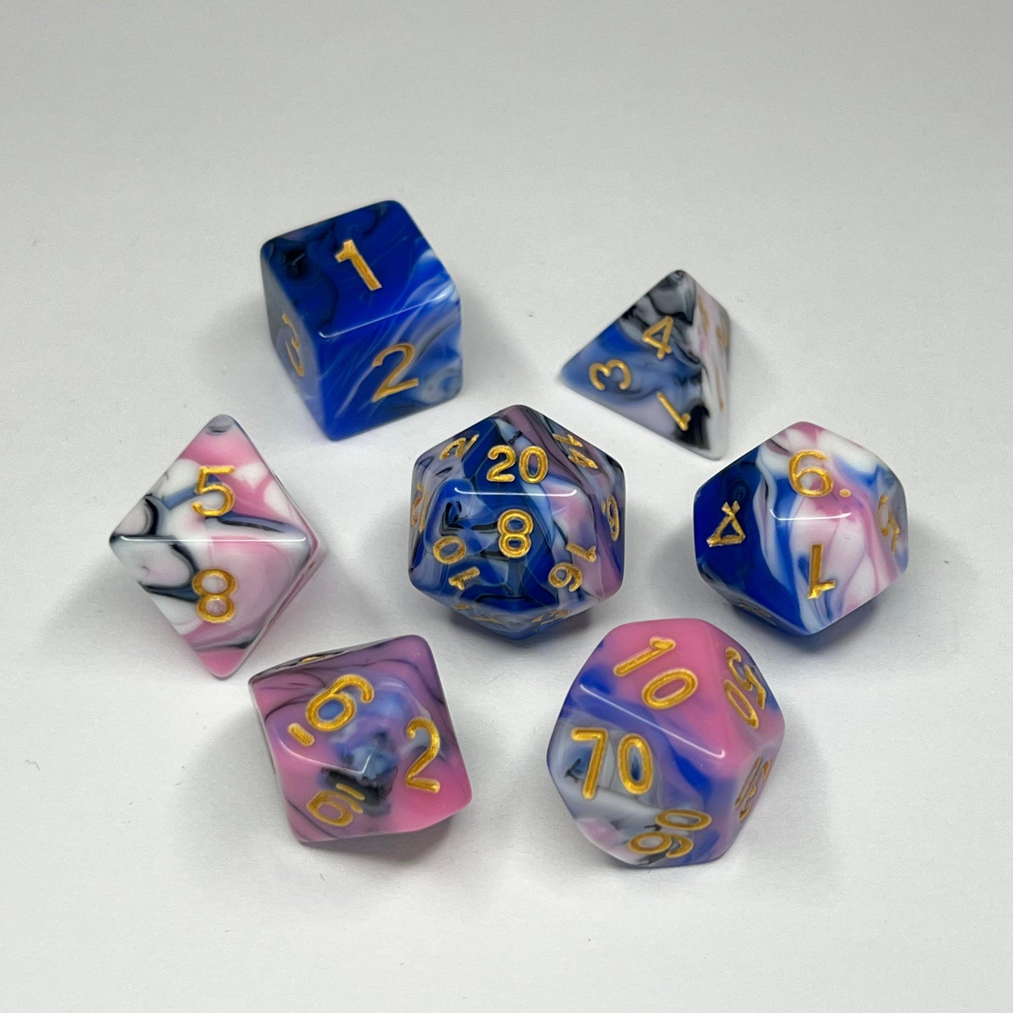Polyhedral Dice Set - Gold - Swirl - Blue/White/Pink