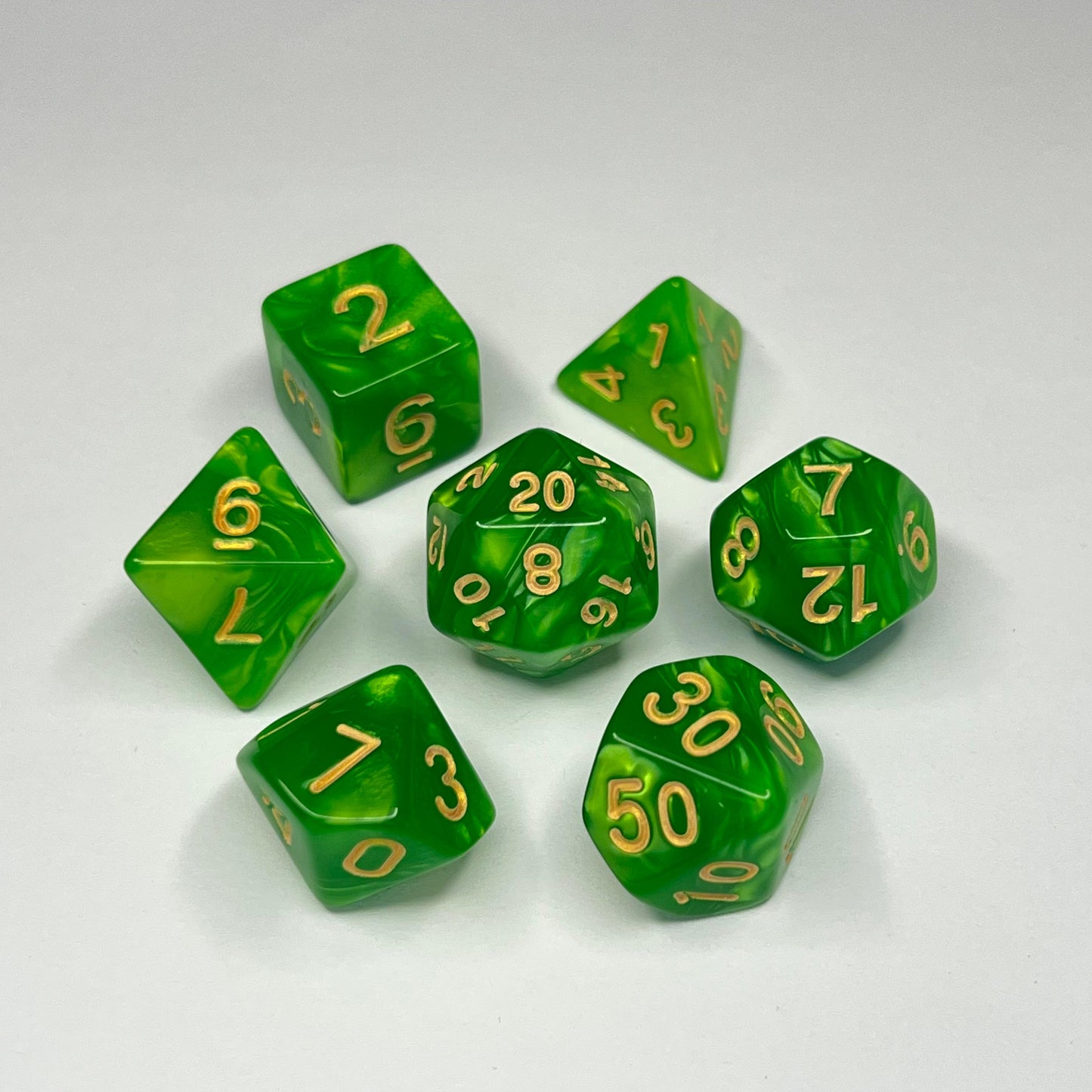 Polyhedral Dice Set - Gold - Swirl - Light Green