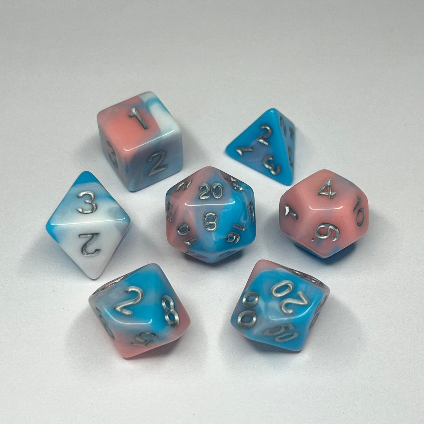 Polyhedral Dice Set - Silver - Swirl - White/Blue/Pink