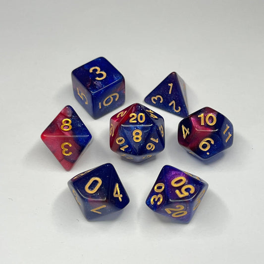 Polyhedral Dice Set - Gold - Glitter - Blue/Red