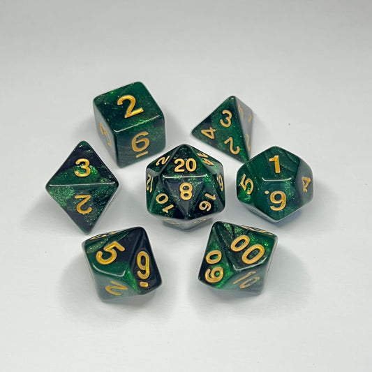 Polyhedral Dice Set - Gold - Glitter - Green/Black