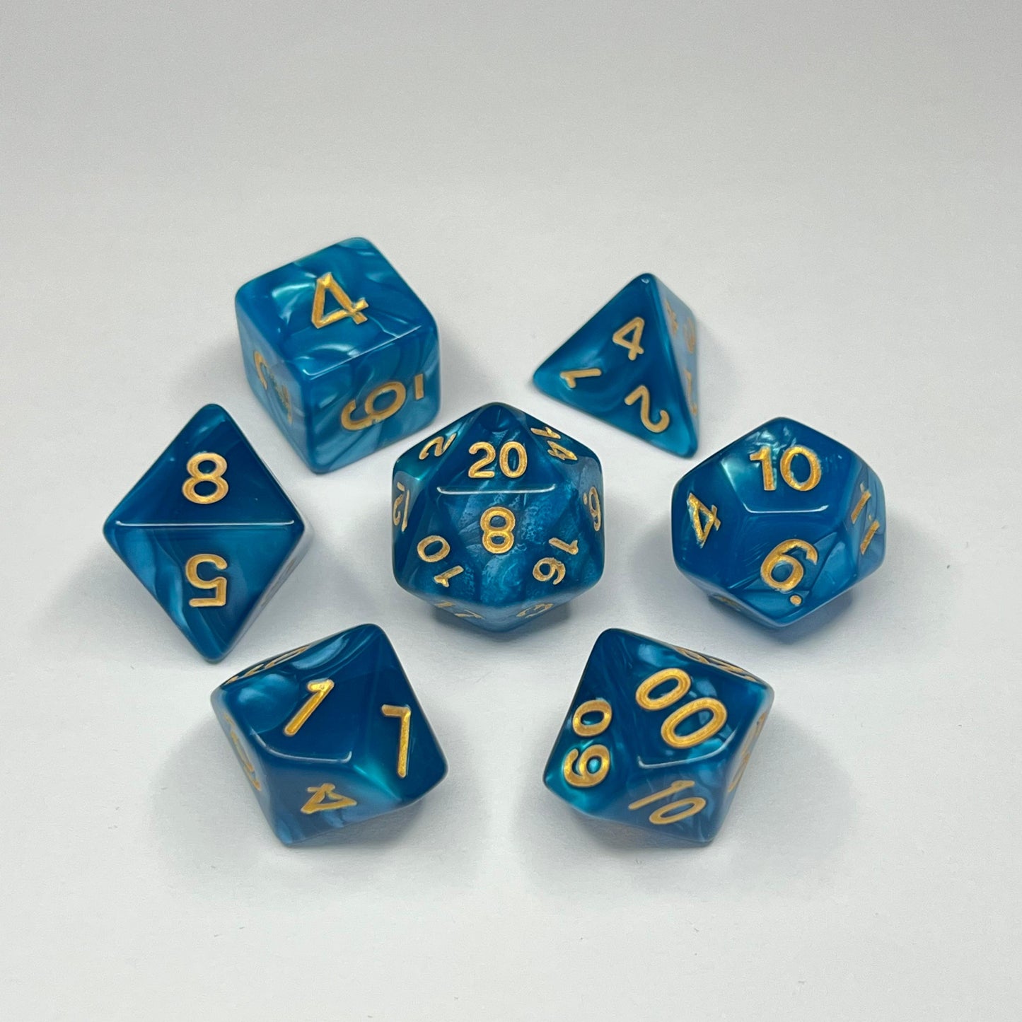 Polyhedral Dice Set - Gold - Swirl - Light Blue