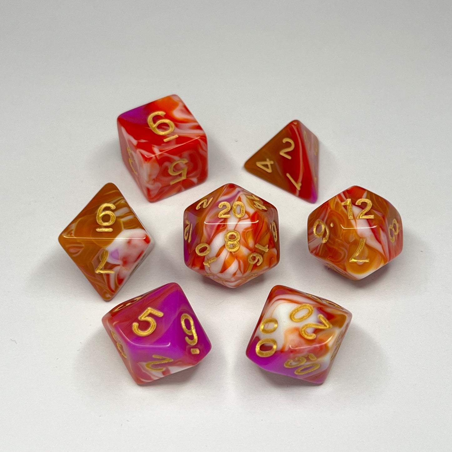 Polyhedral Dice Set - Gold - Swirl - Pink/Red/White