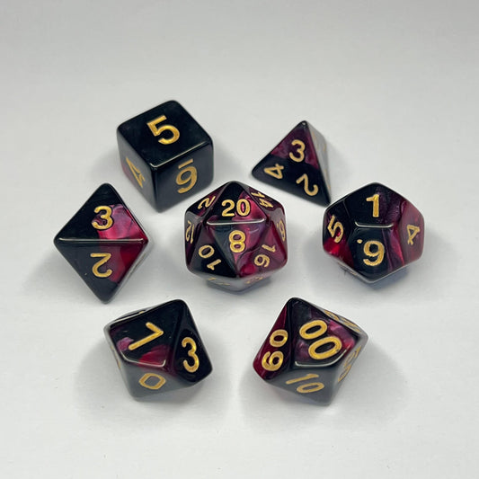 Polyhedral Dice Set - Gold - Swirl - Red/Black