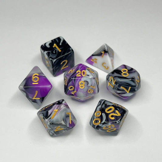 Polyhedral Dice Set - Gold - Swirl - Silver/Black/Pink