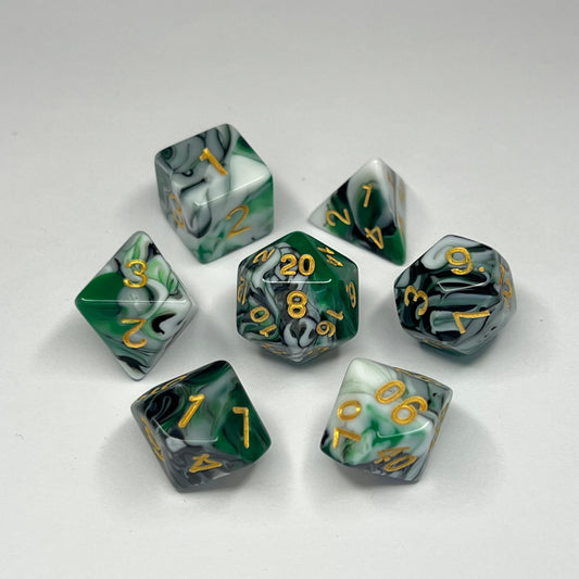 Polyhedral Dice Set - Gold - Swirl - Silver/Green/Black
