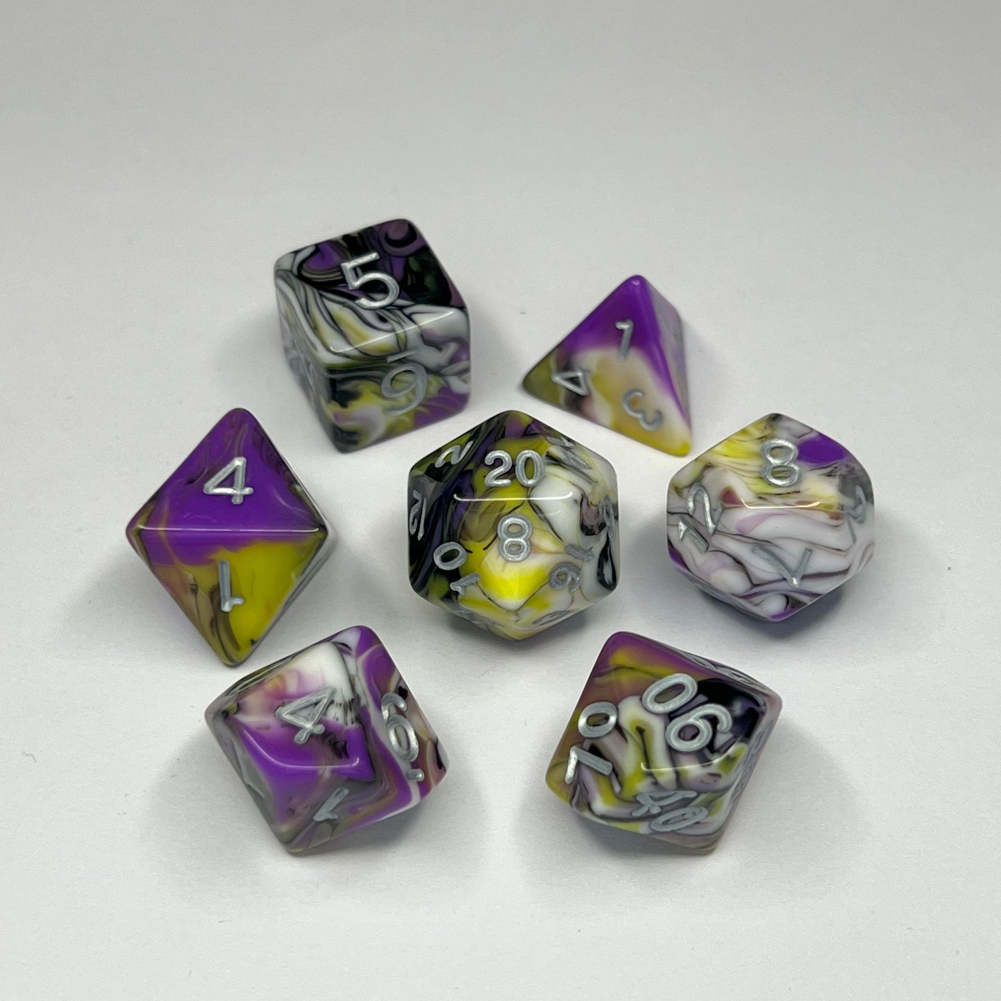 Polyhedral Dice Set - Silver - Swirl - Purple/Yellow/Black