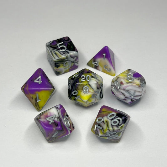 Polyhedral Dice Set - Silver - Swirl - Purple/Yellow/Black