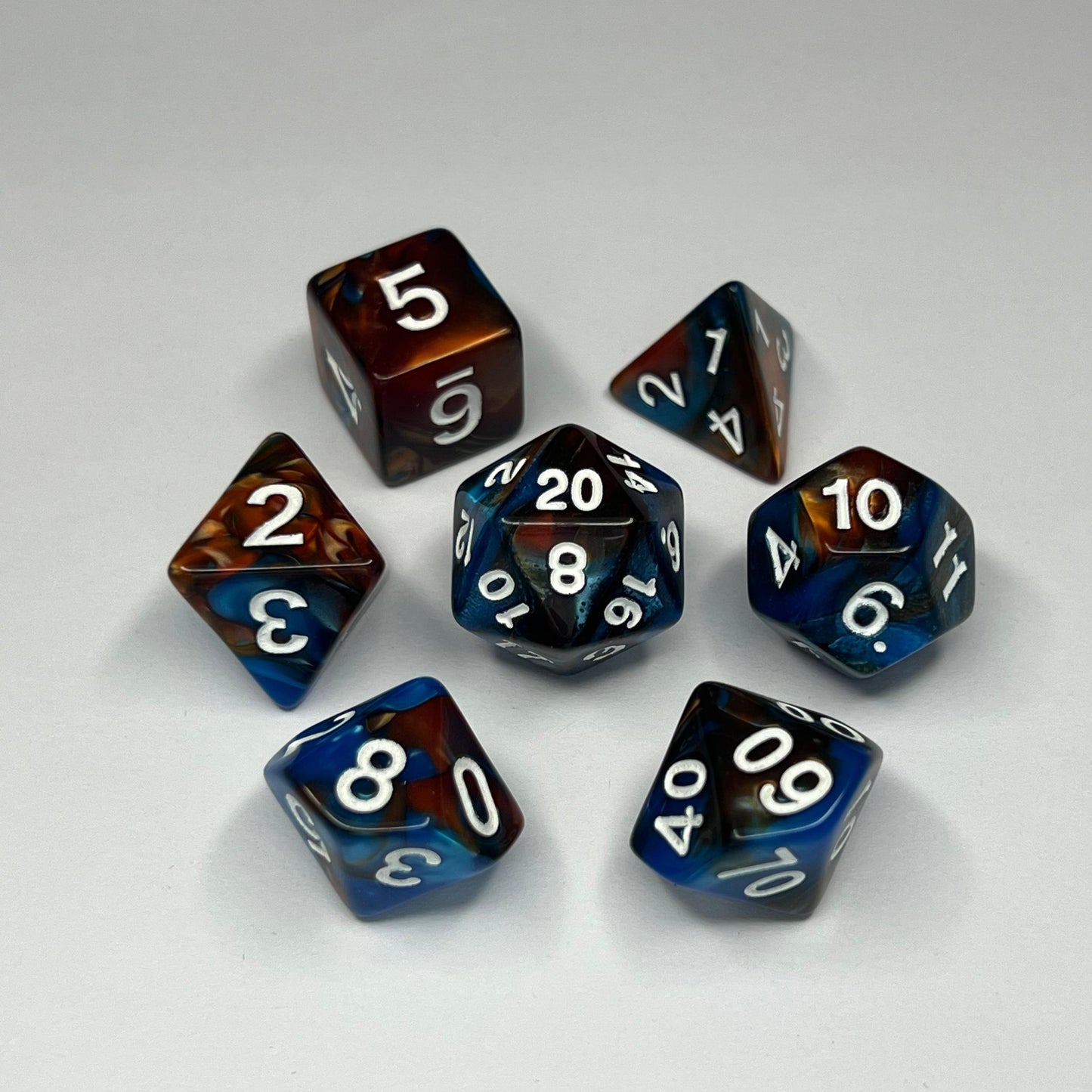Polyhedral Dice Set - White - Swirl - Blue/Copper