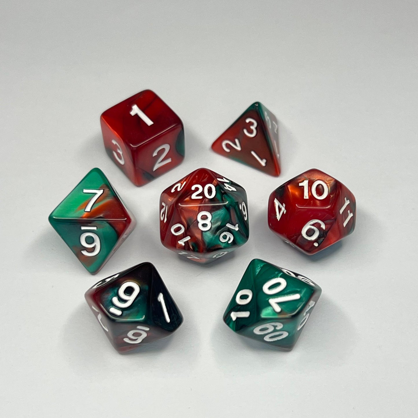 Polyhedral Dice Set - White - Swirl - Green/Red/Black