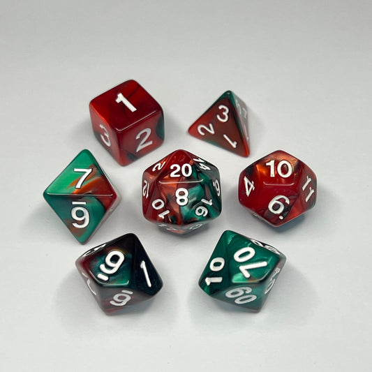 Polyhedral Dice Set - White - Swirl - Green/Red/Black